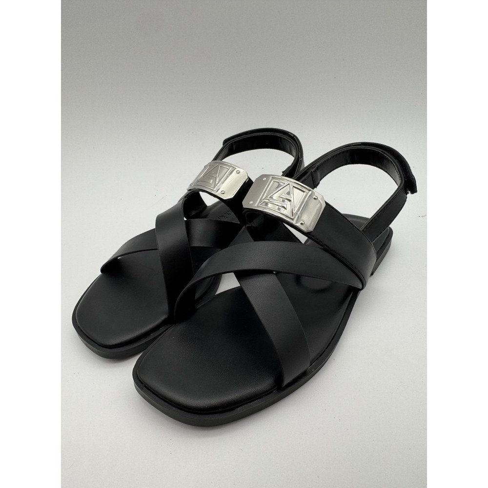Womens Black Strap Sandals‎ Slingback Flat Metal Accent Size 5